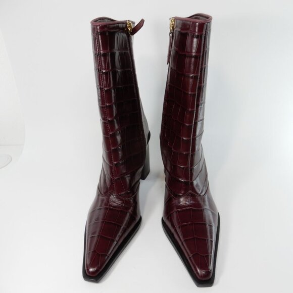 SCHUTZ Raffaela Booties Boots Heels Size 5 Merlot Wine Burgundy Croc Leather NEW - Picture 7 of 15